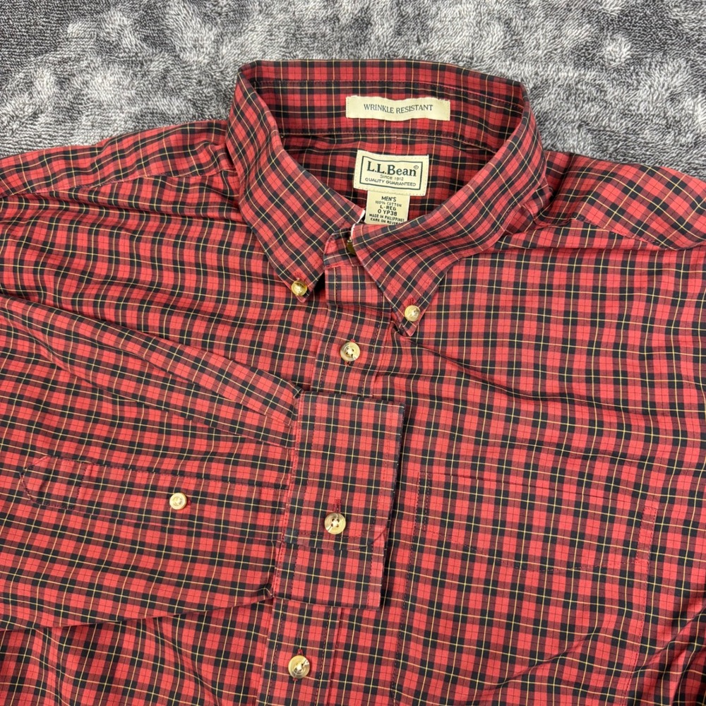 L.L. Bean Shirt Mens L Red Plaid Wrinkle Resistant Cotton Button Down 0 YP38